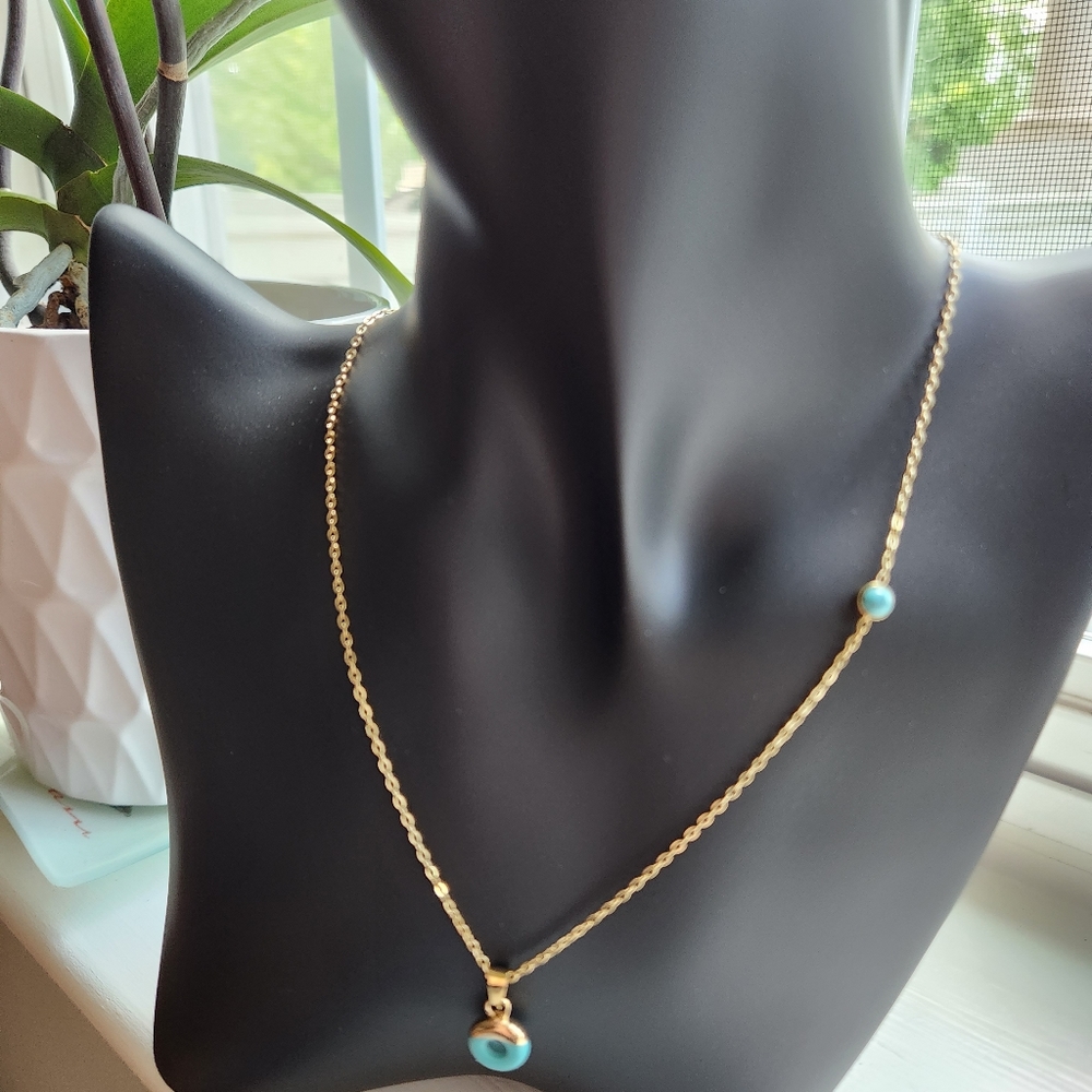 New Boho Turquoise Circle Pendant Necklace | Dainty Gold Station Chain - Picture 2 of 3